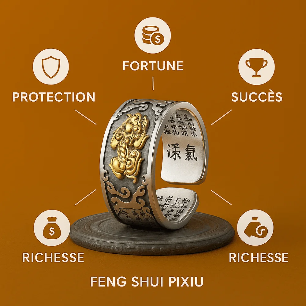 Détails de la Bague Feng Shui Pixiu Mantra