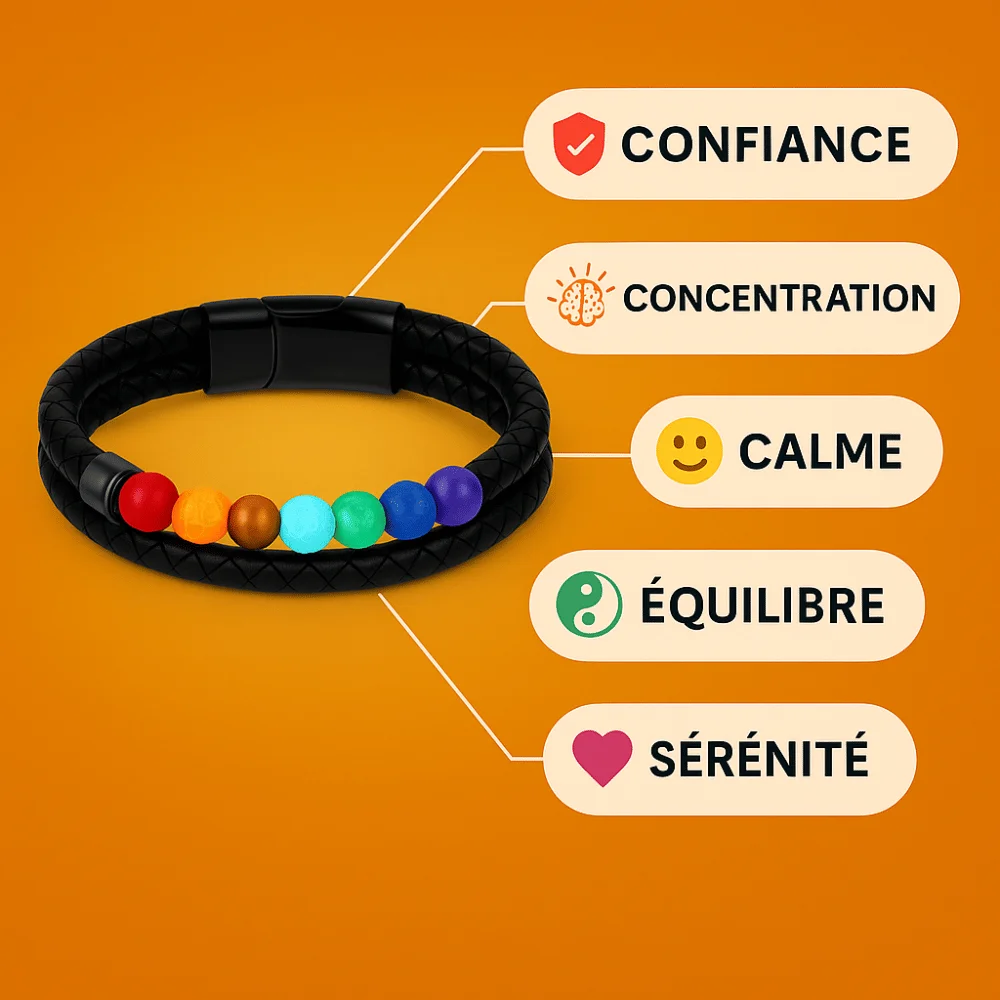 Détails du Bracelet 7 Chakra Homme en cuir et métal