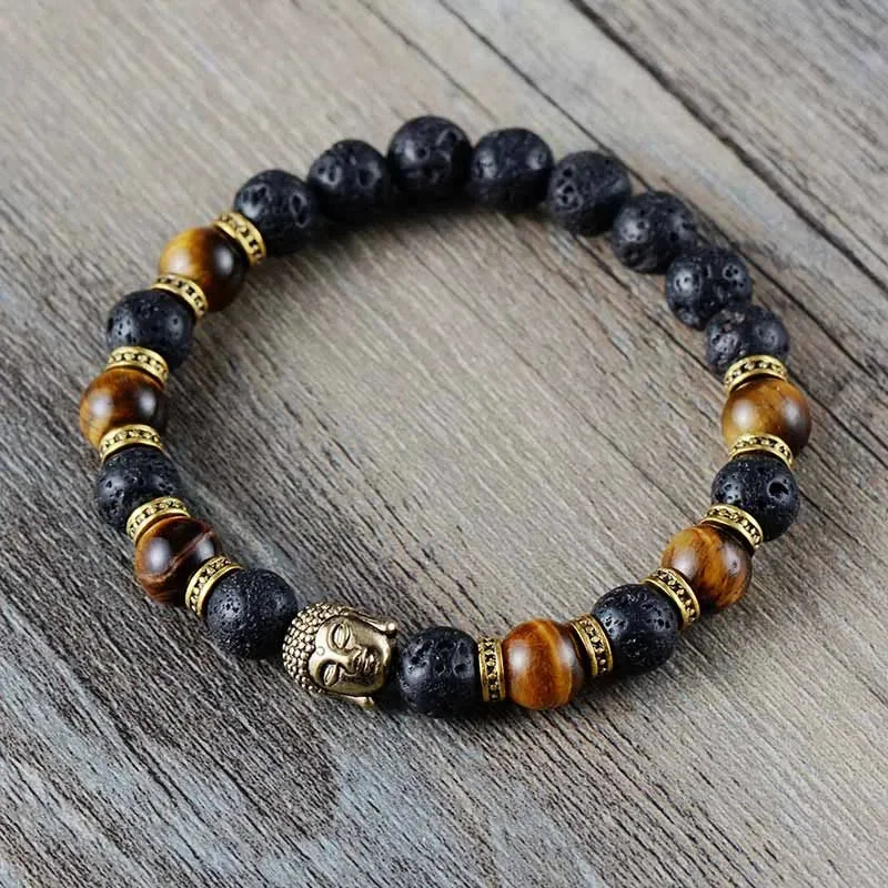 Bracelet Bouddha Oeil de Tigre Et Pierre de Lave