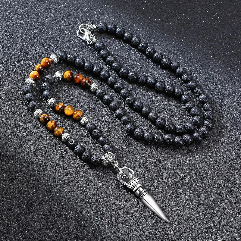 Collier Bouddhiste Oeil de Tigre et Pierre de Lave