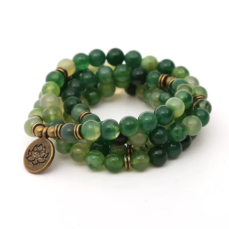 Mala Tibétain Perles en Agate Verte