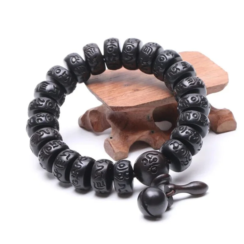 Détails du Bracelet Mala Perles en Bois Gravé