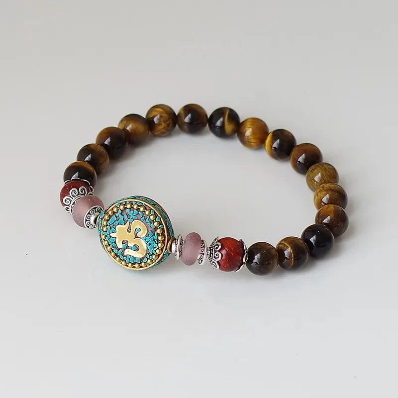 Bracelet Tibétain Om Et Oeil de Tigre en Corde