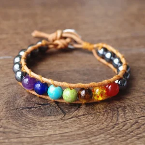 Bracelet 7 Chakras Hématite en Cuir