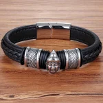 Bracelet cuir tressé & tête de bouddha en acier