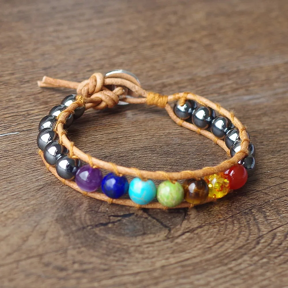 Bracelet 7 Chakras Hématite et Cuir