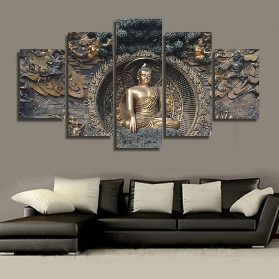Tableau Bouddha 5 Parties en Bronze