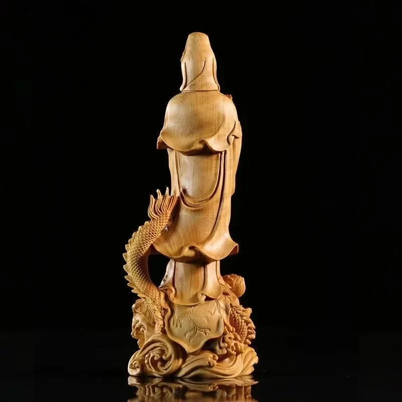 Statue Bouddhiste Guan Yin & dragon en bois sur étagère