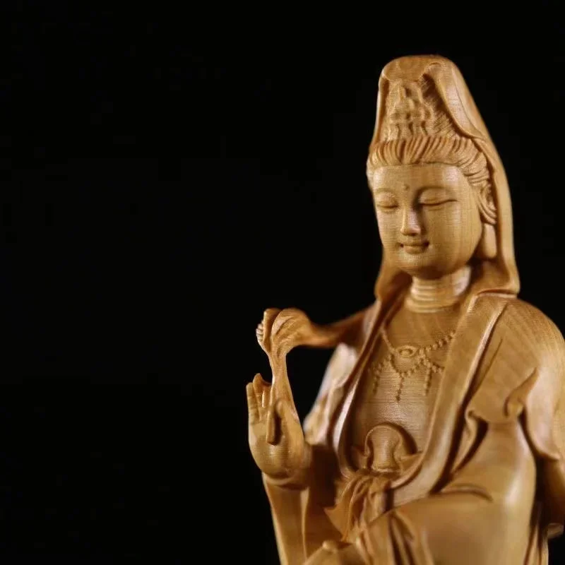 Détails de la Statue Bouddhiste Guan Yin & dragon en bois