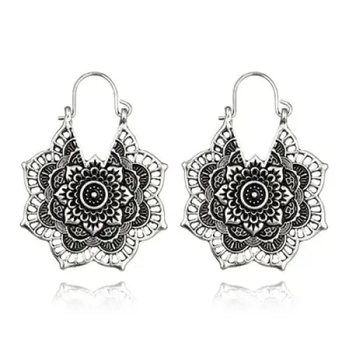 Boucles d'Oreilles Mandala Argent Antique