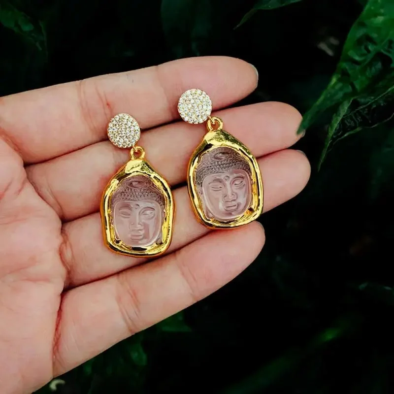 Boucles d'oreilles Bouddha Or avec quartz rose