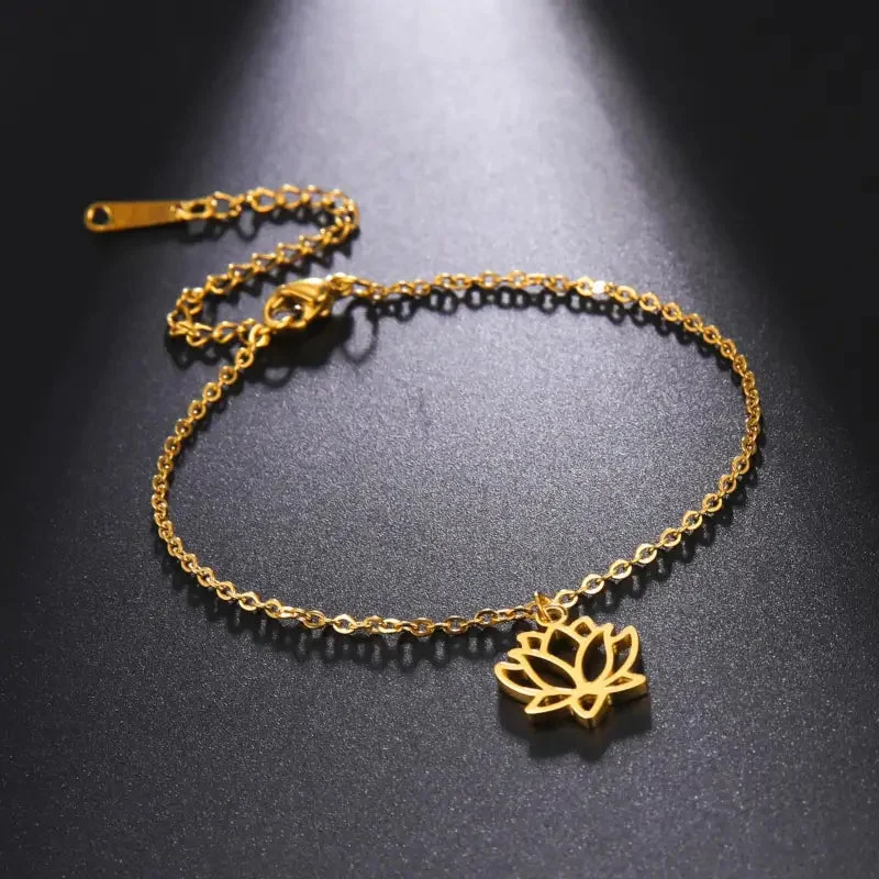 Bracelet de cheville Fleur de Lotus en argent antique