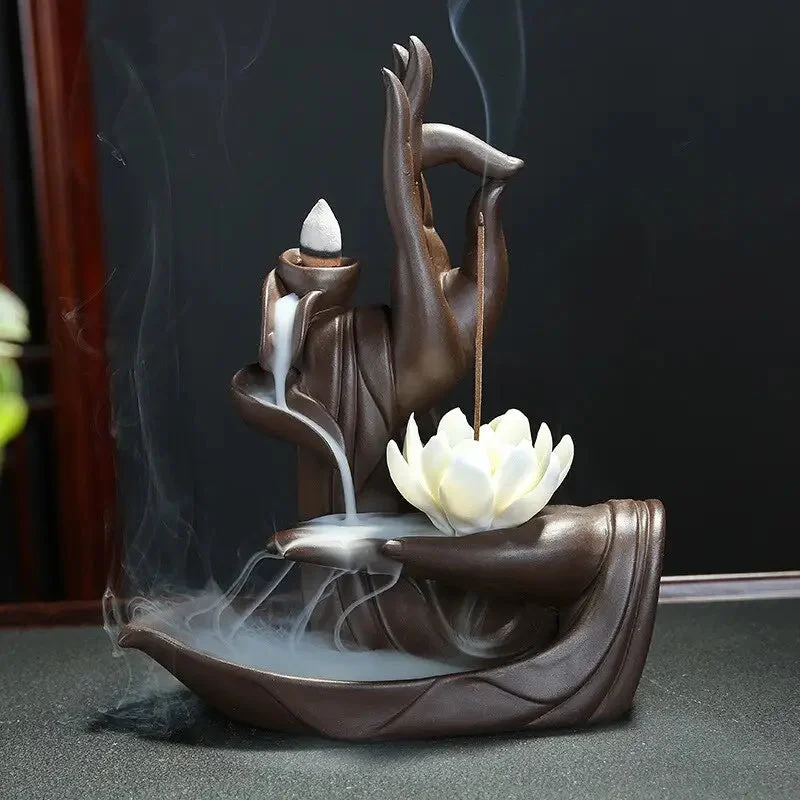 Fontaine à encens Main de Bouddha avec lotus