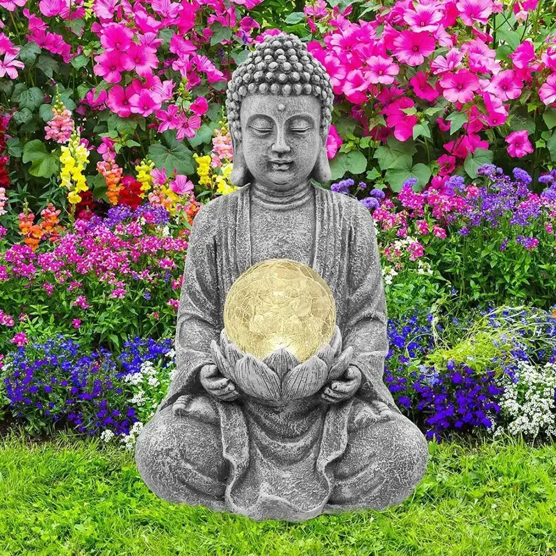 Détails de la Statue Bouddha Boule de Verre Solaire