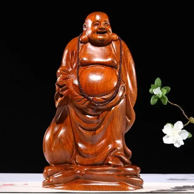 Statue Bouddha Rieur Maitreya en Bois de Poirier Rouge