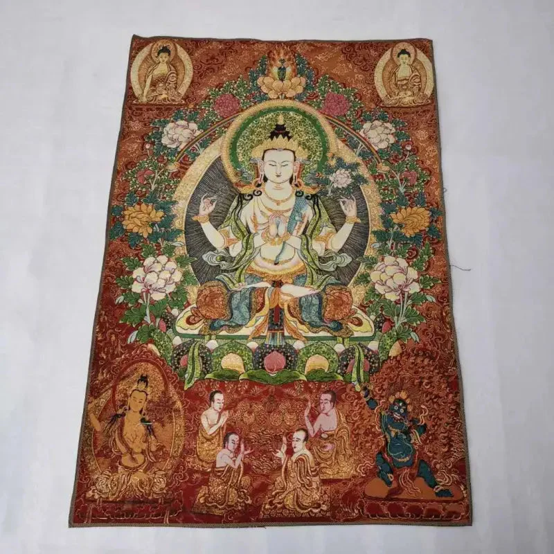 Thangka tibétain en soie Guanyin Kwan-yin